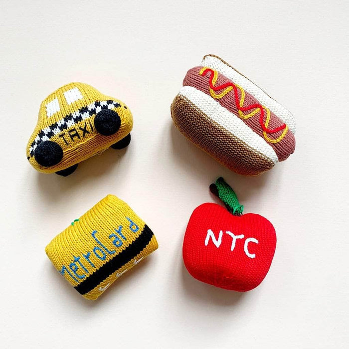 Baby Gift Set - Organic Newborn NYC Toy Rattles | Taxi, Metro Card, Hot Dog & Apple