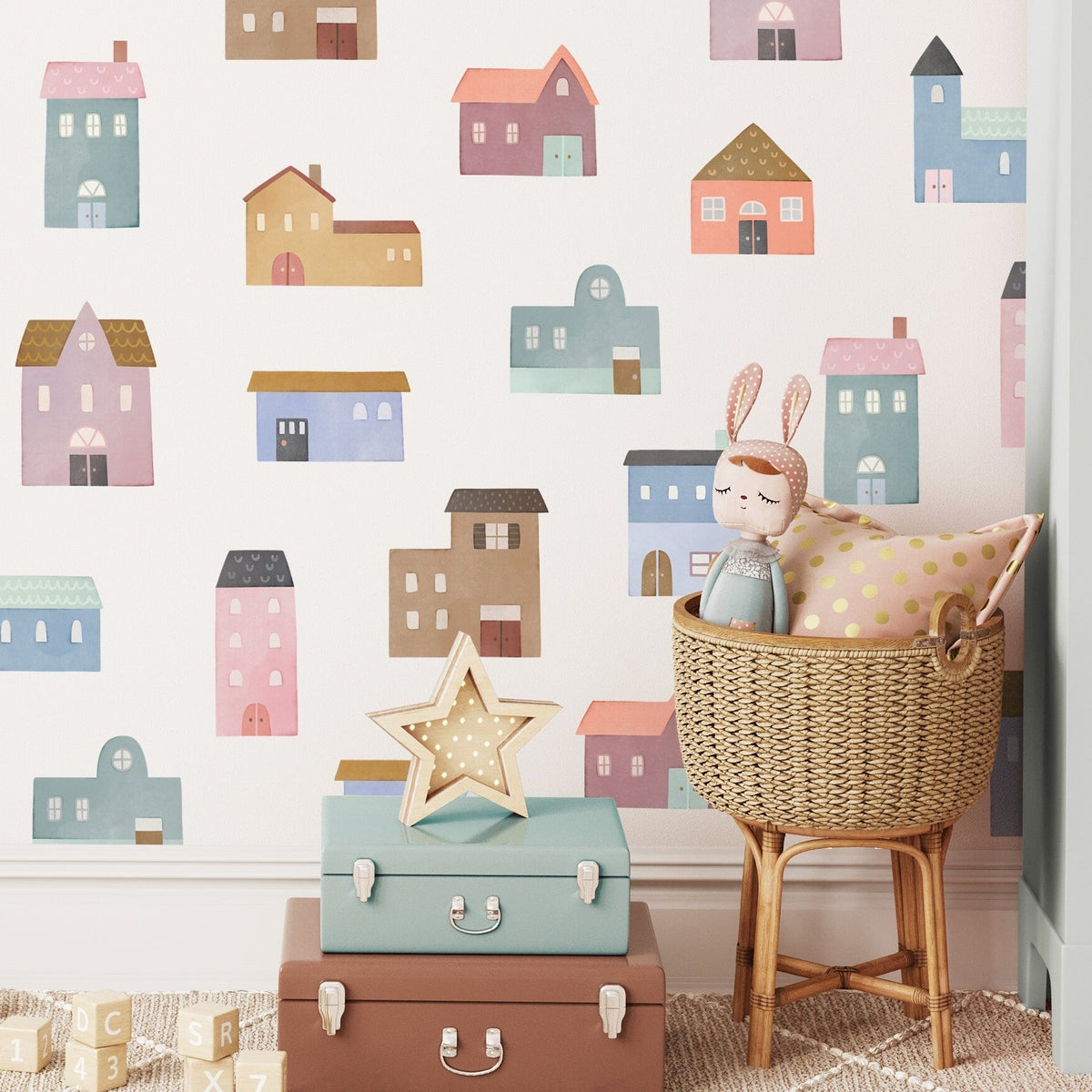 Whimsical Watercolor Village Fabric Wall Decal Set