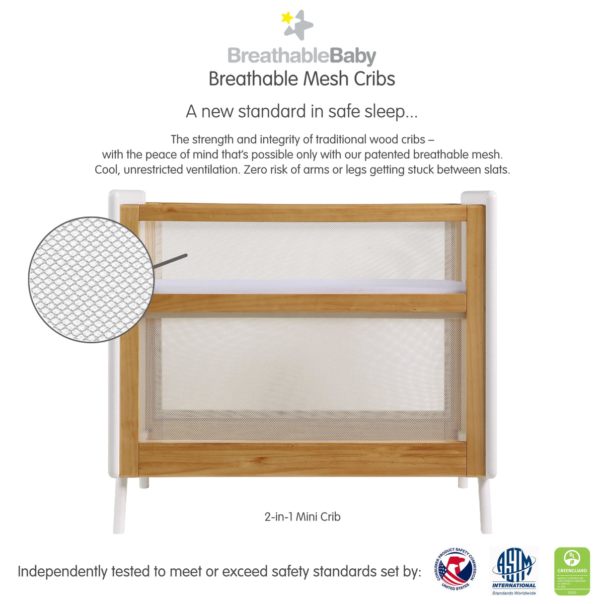 BreathableBaby Mesh 2-in-1 Mini Crib - Beech + White