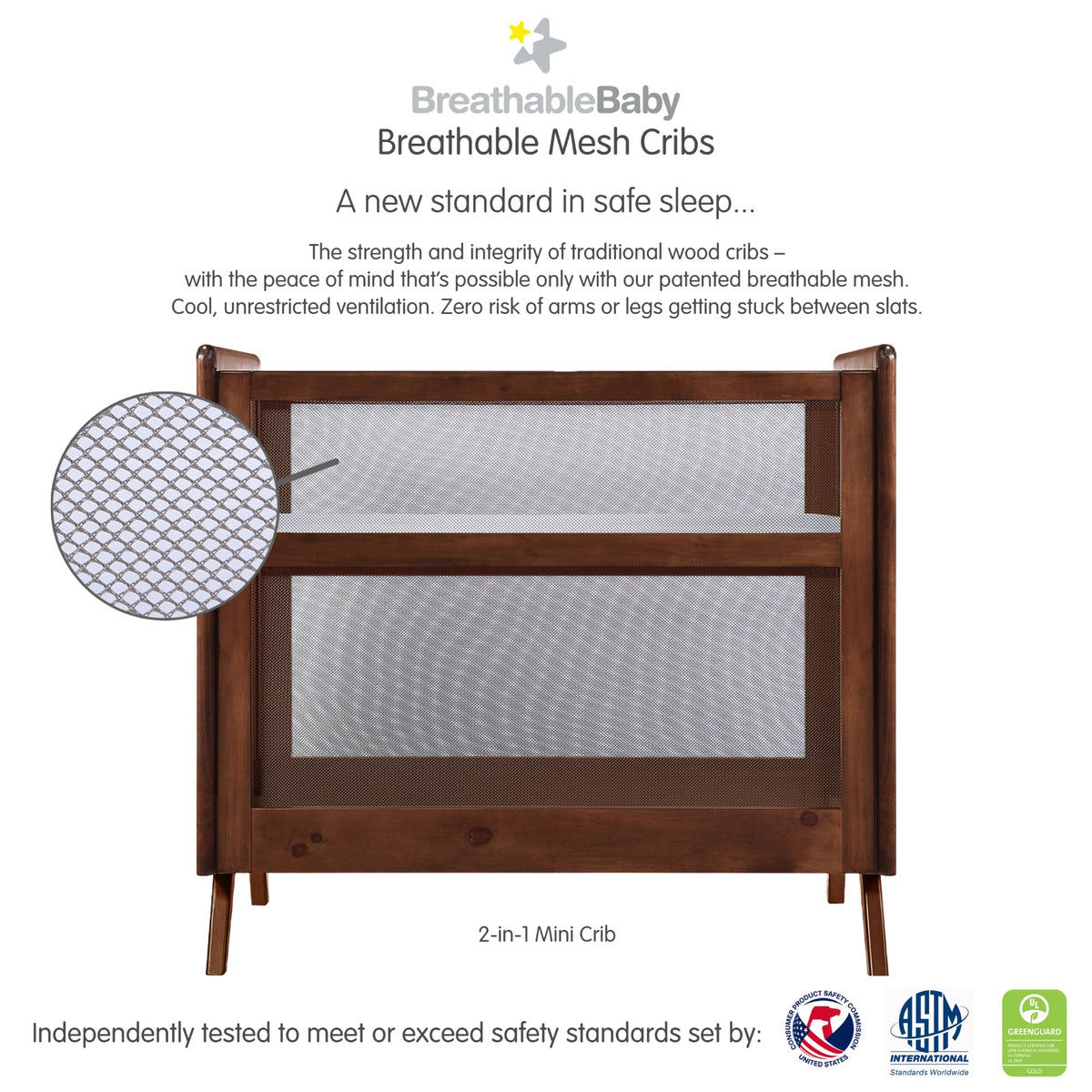 BreathableBaby Mesh 2-in-1 Mini Crib - Walnut