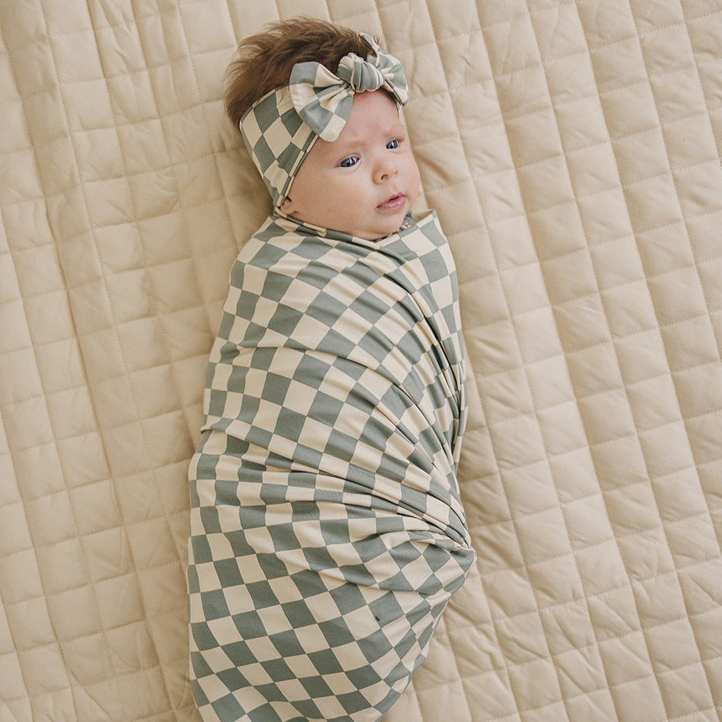 Light Green Checkered Bamboo Stretch Swaddle Blanket