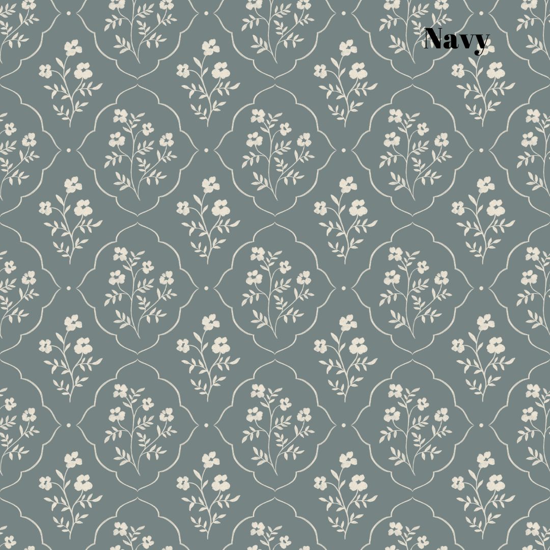 Navy Floral and Lattice Patterned Wallpaper