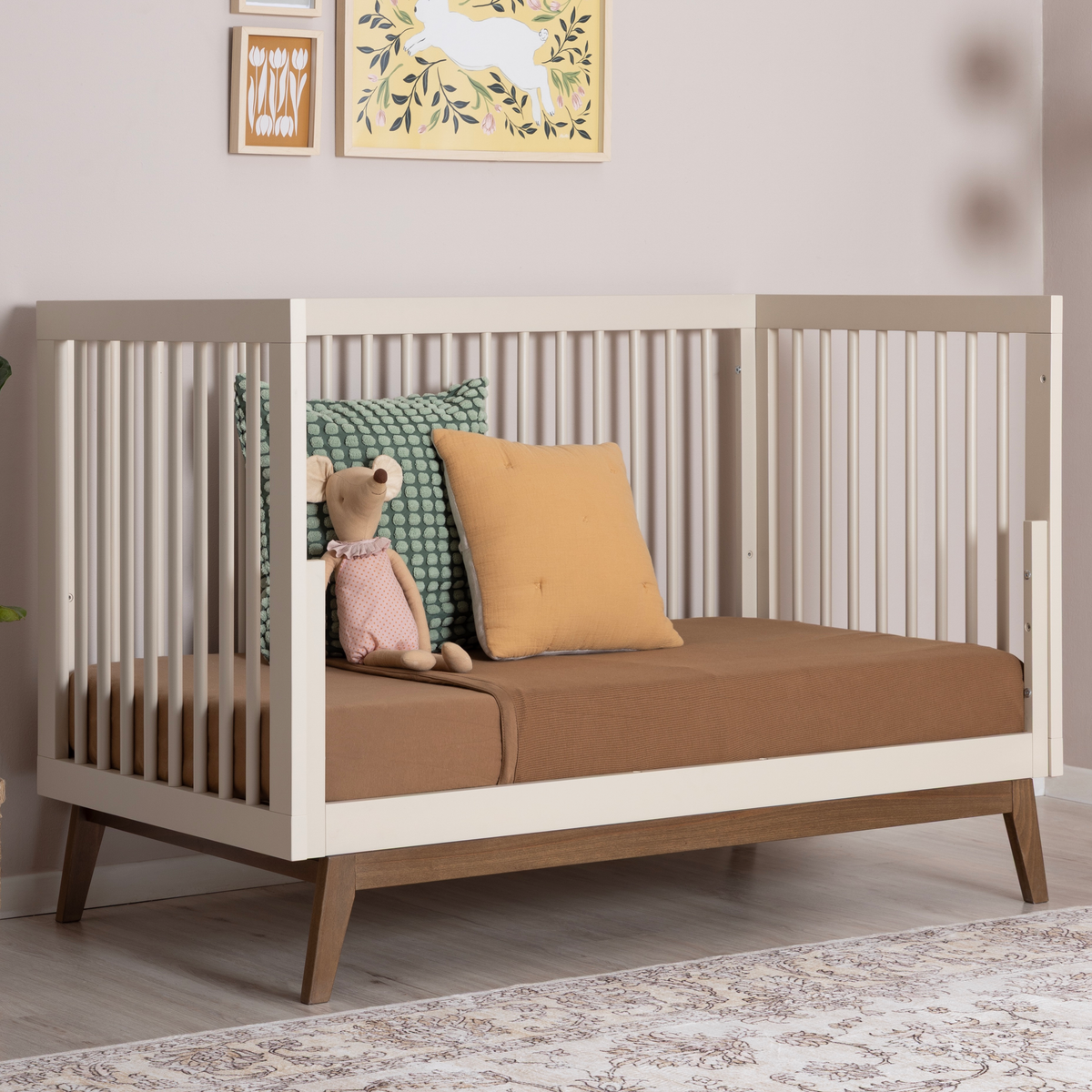 Soho Convertible Crib Two Toned in Almond and Walnut - converted to daybed