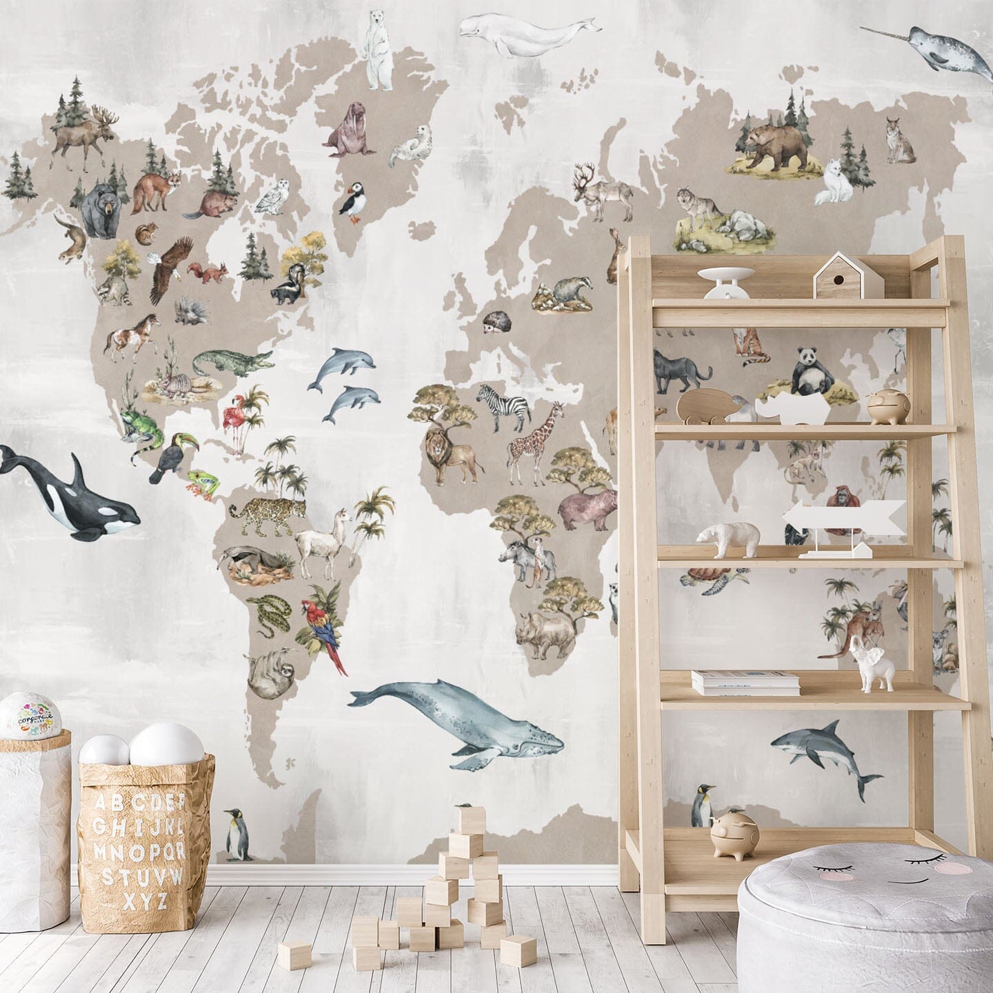 Animal World Map Wallpaper Mural