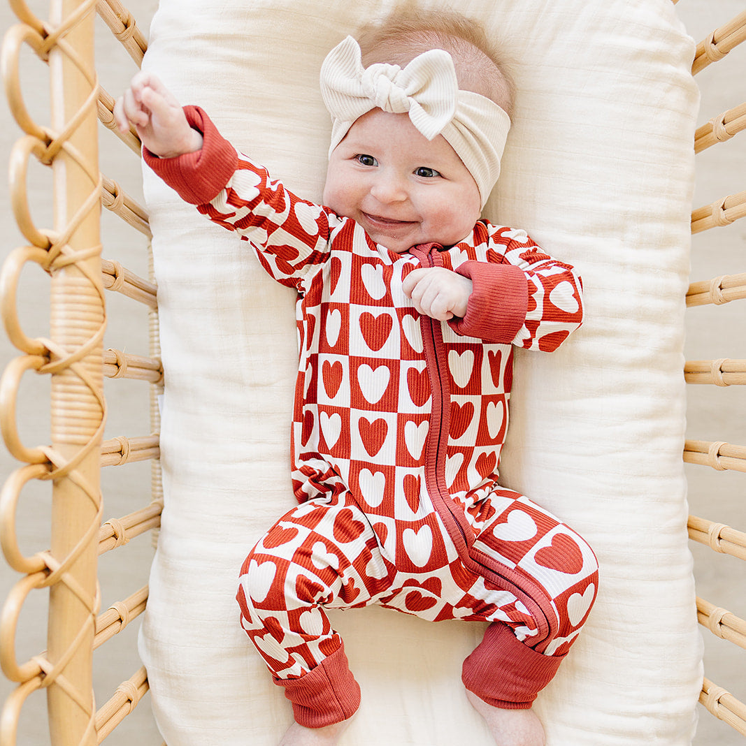 Checkered Hearts Ribbed Bamboo Zipper Romper