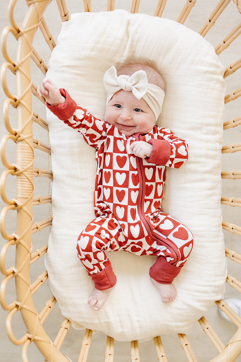 Checkered Hearts Ribbed Bamboo Zipper Romper