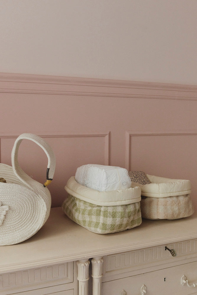 Light Green Checkered Quilted Basket with Folded Edge Diaper Storage