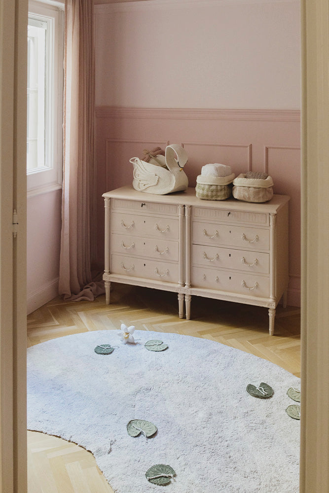 Child's room with Swan Basket and Lake Shaped Water Lily Rug