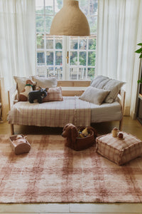 Rose Tartan Plaid Rug, Pouf Ottoman, Throw Blanket and Pillow