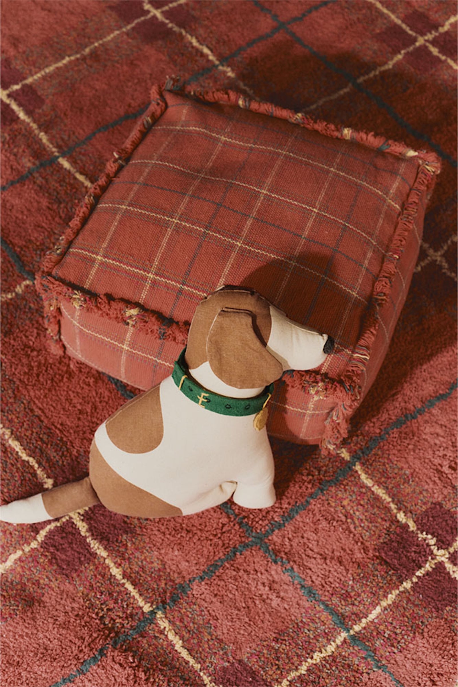 Washable Red Tartan Plaid Rug and Ottoman with Dog Throw Pillow