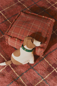 Washable Red Tartan Plaid Rug and Ottoman with Dog Throw Pillow