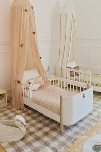 Maroonish Brown Checkered Rug in Girl's Room with Toddler Beds