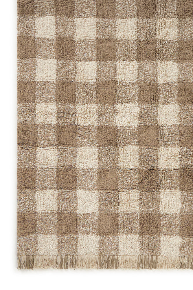 Maroonish Brown Checkered Rug with Fringe