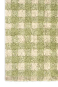 Green and white checkered rug with fringes on a plain background