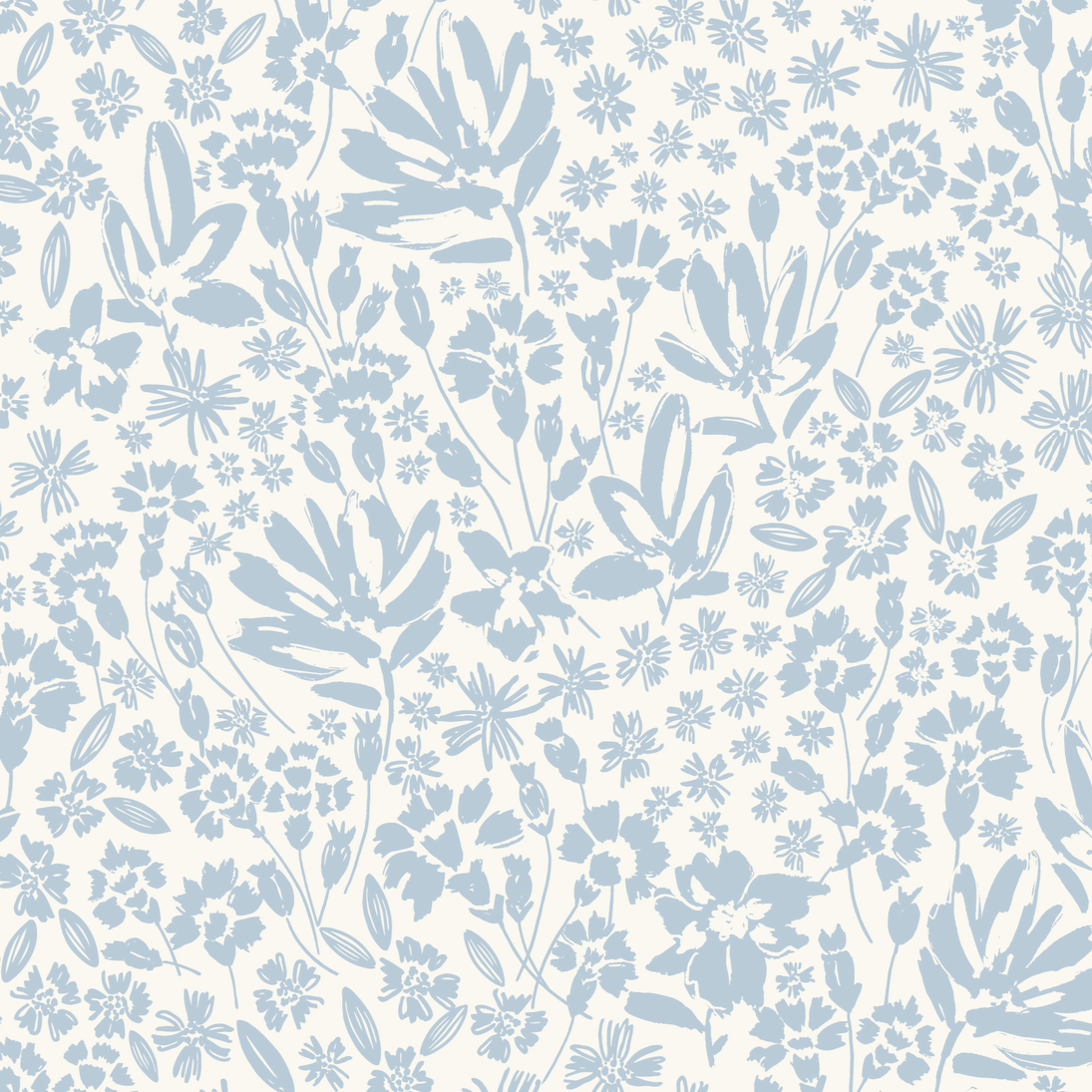 A section of wallpaper featuring a floral pattern with various wildflowers in shades of blue, green, and pink on a white background.