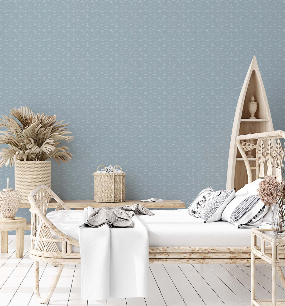 Boho Bedroom with Sailboat Wallpaper