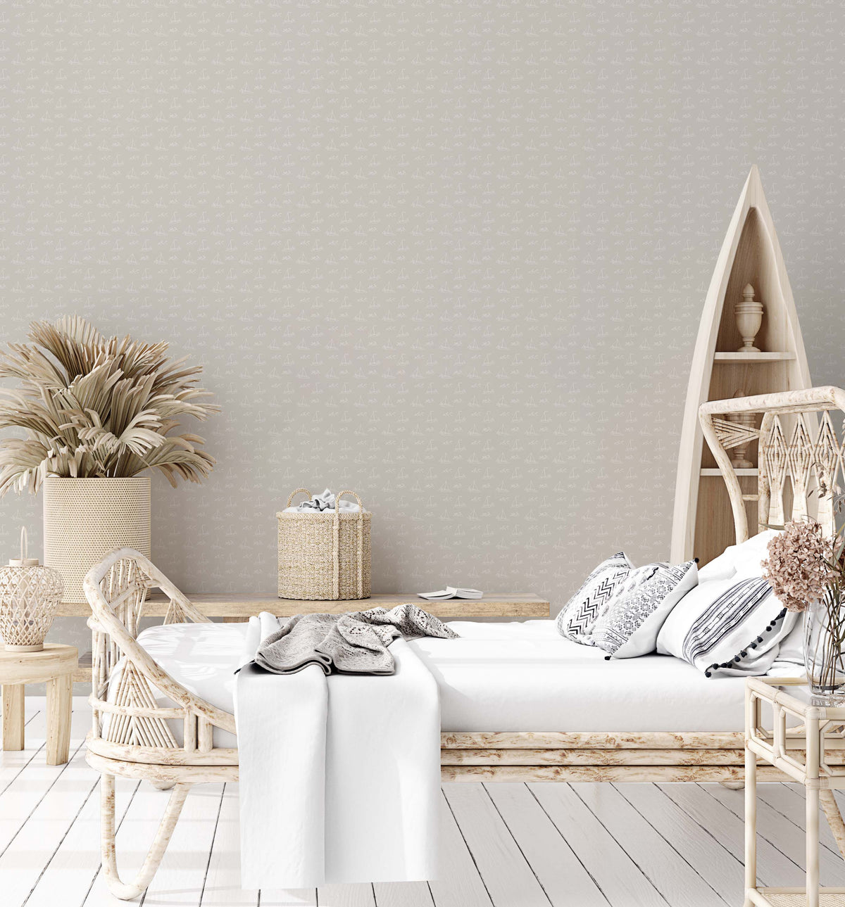 Boho Bedroom with Sailboat Wallpaper