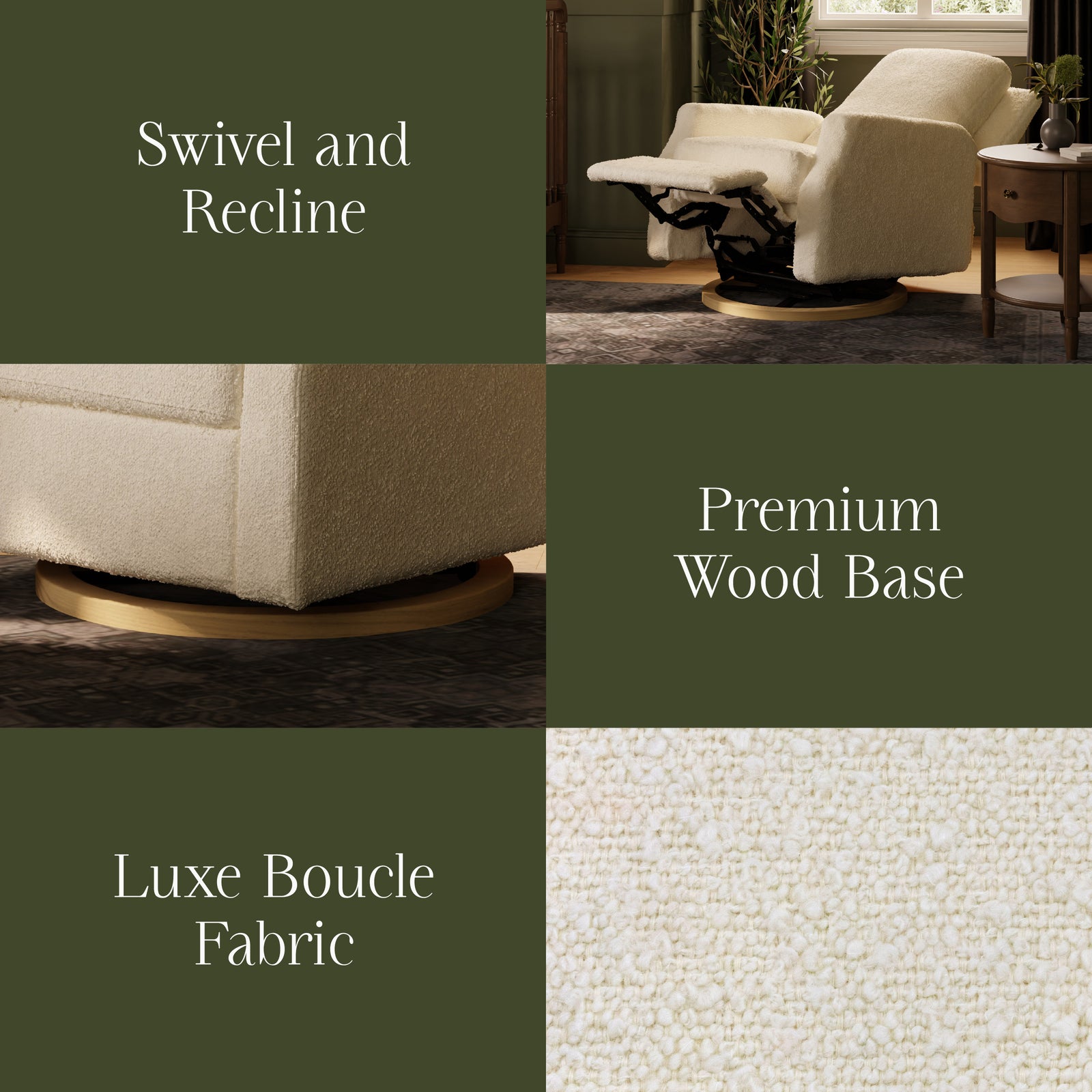 Crewe Recliner + Swivel Glider | Ivory Boucle w/ Light Wood Base