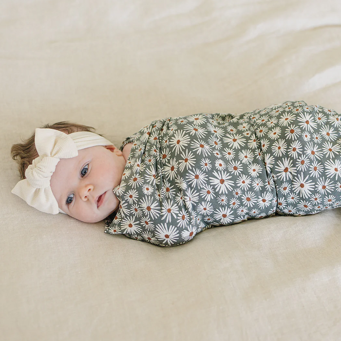 Dark Green Daisy Bamboo Stretch Swaddle Blanket