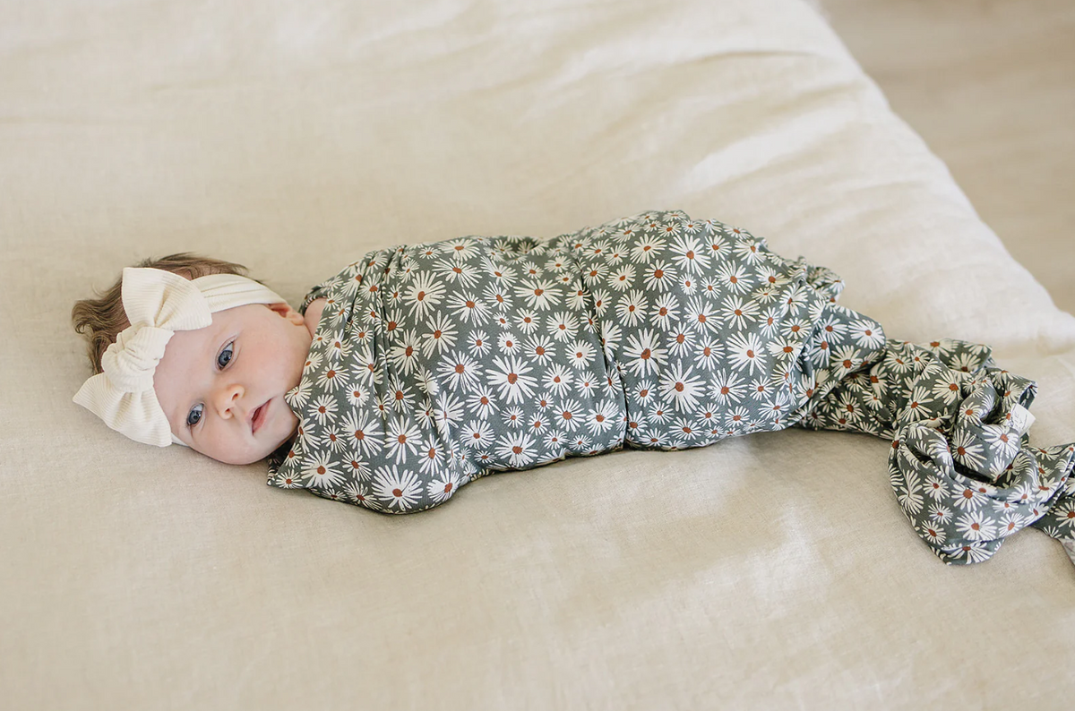 Dark Green Daisy Bamboo Stretch Swaddle Blanket