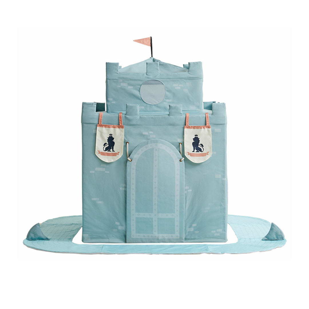 Children's toy castle with a blue color scheme on a white background