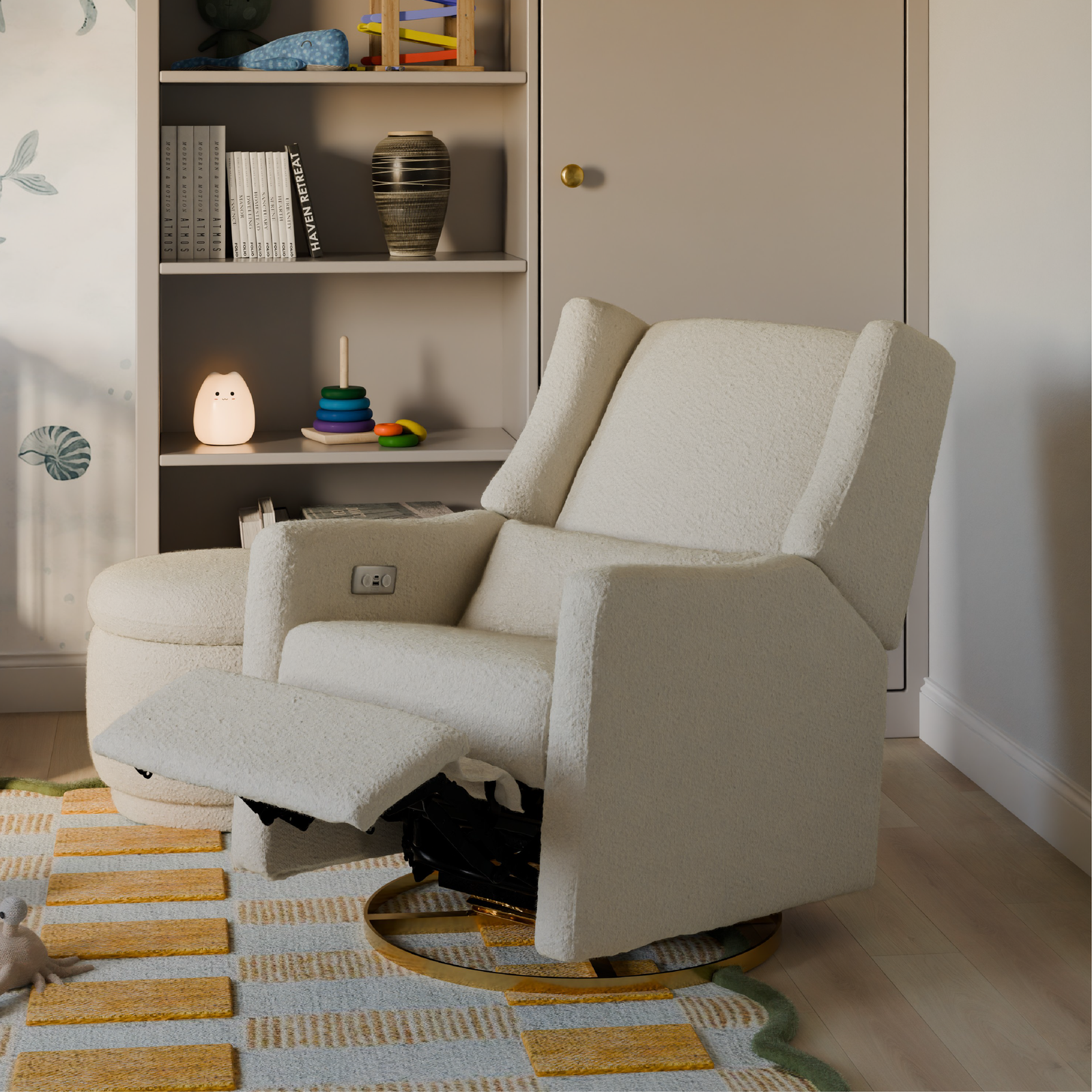 Kiwi Electronic Recliner + Swivel Glider | Ivory Boucle w/ Gold Base