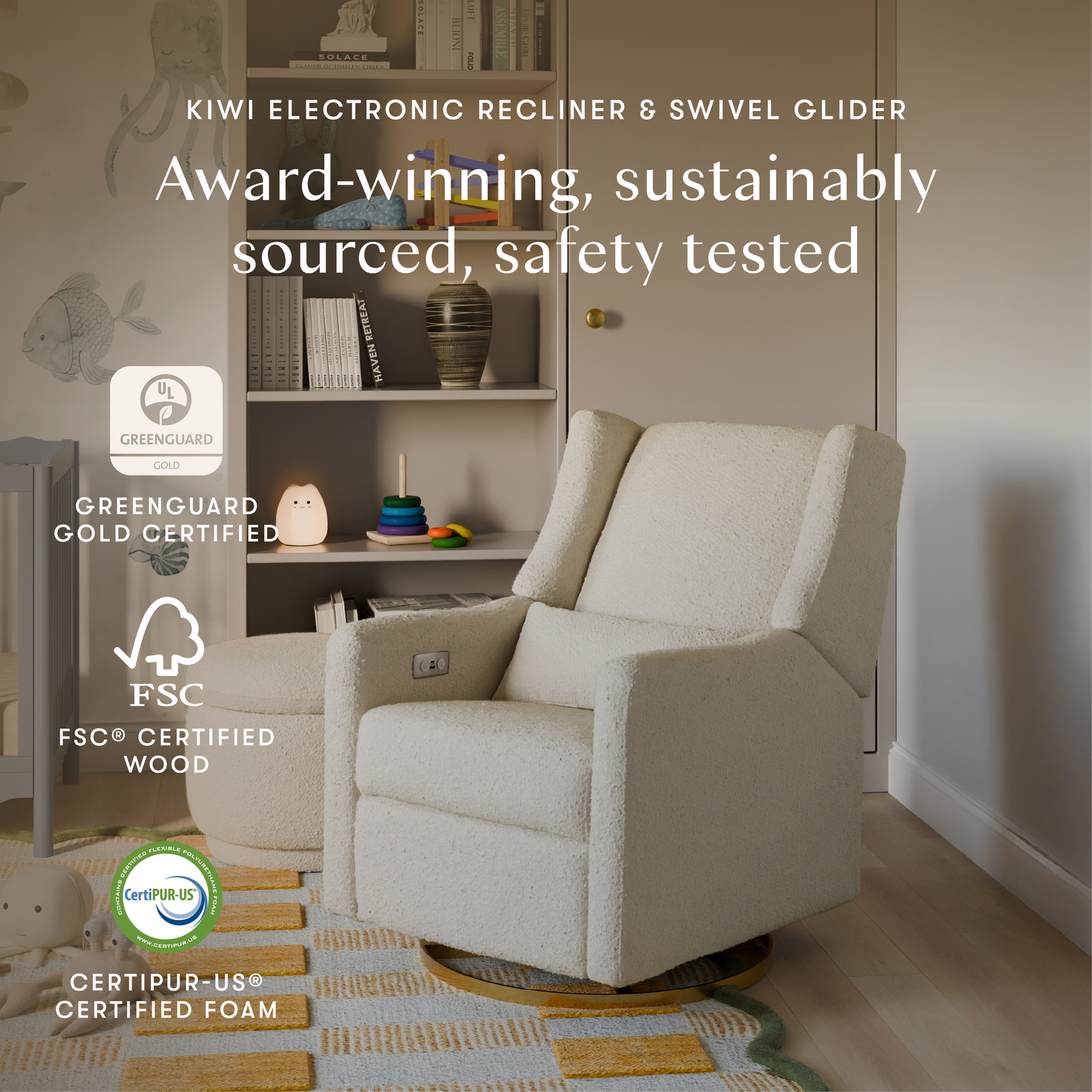 Kiwi Electronic Recliner + Swivel Glider | Ivory Boucle w/ Gold Base
