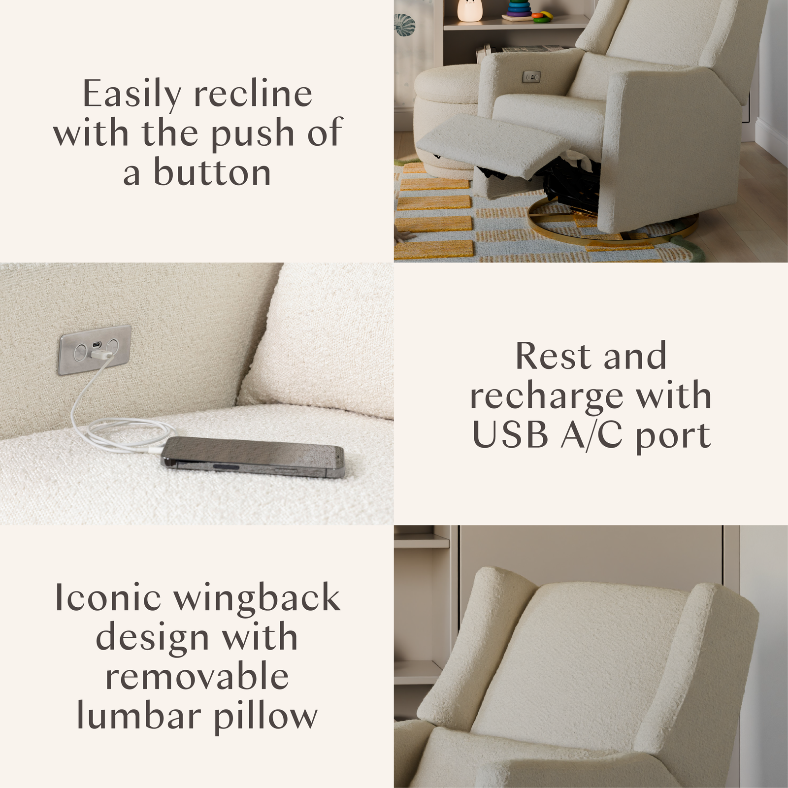 Kiwi Electronic Recliner + Swivel Glider | Ivory Boucle w/ Gold Base
