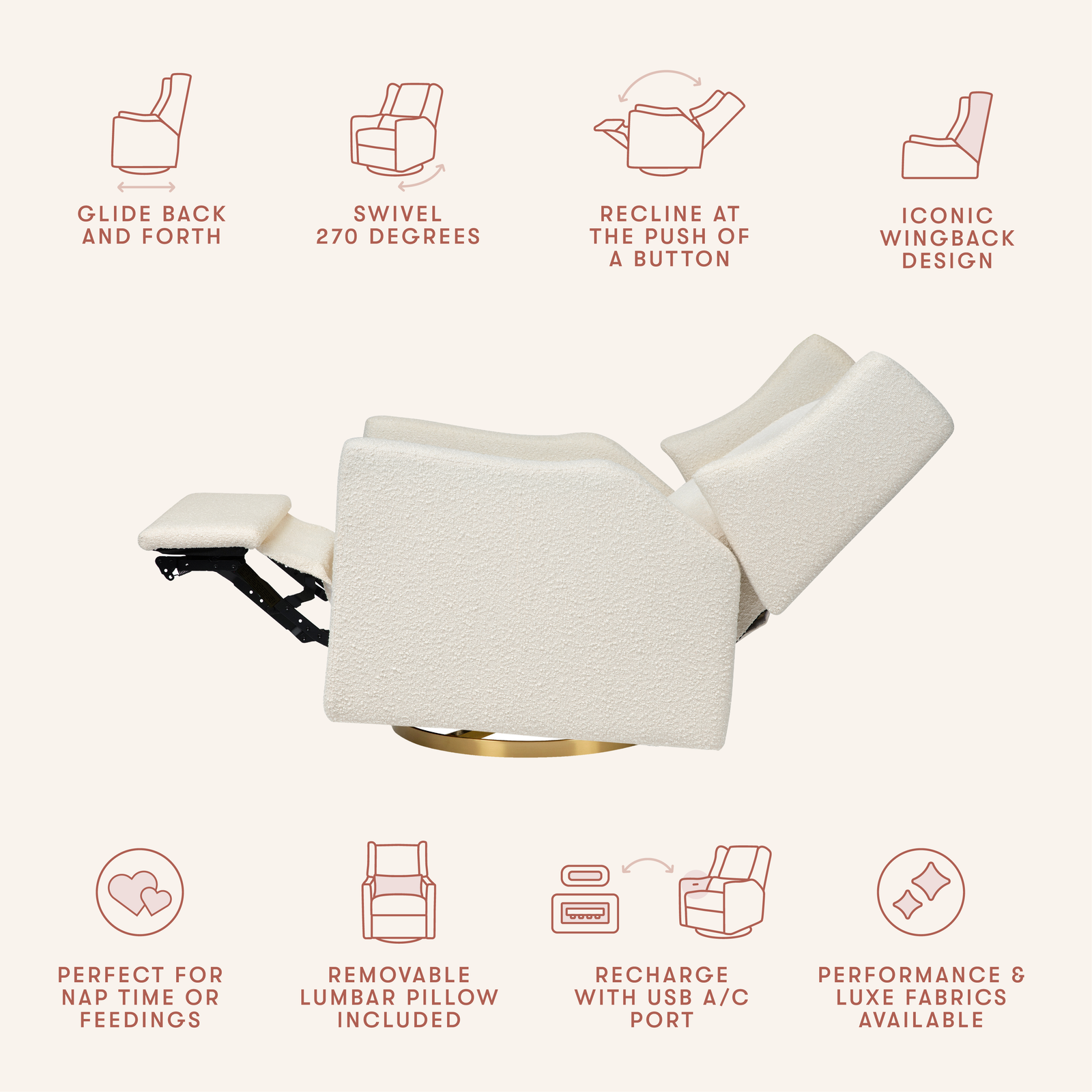 Kiwi Electronic Recliner + Swivel Glider | Ivory Boucle w/ Gold Base