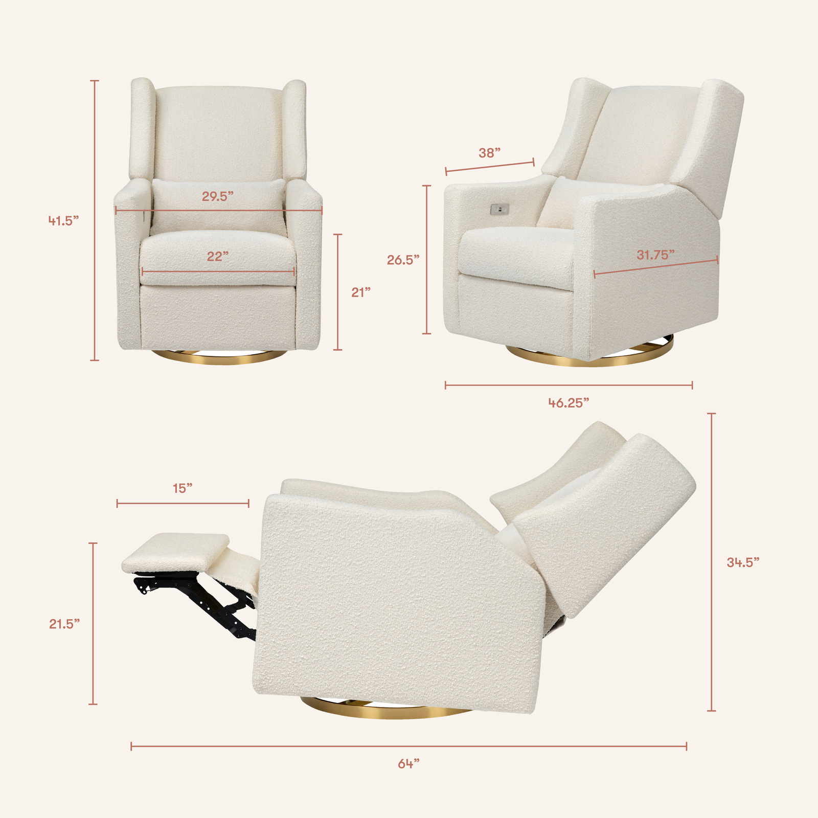 Kiwi Electronic Recliner + Swivel Glider | Ivory Boucle w/ Gold Base
