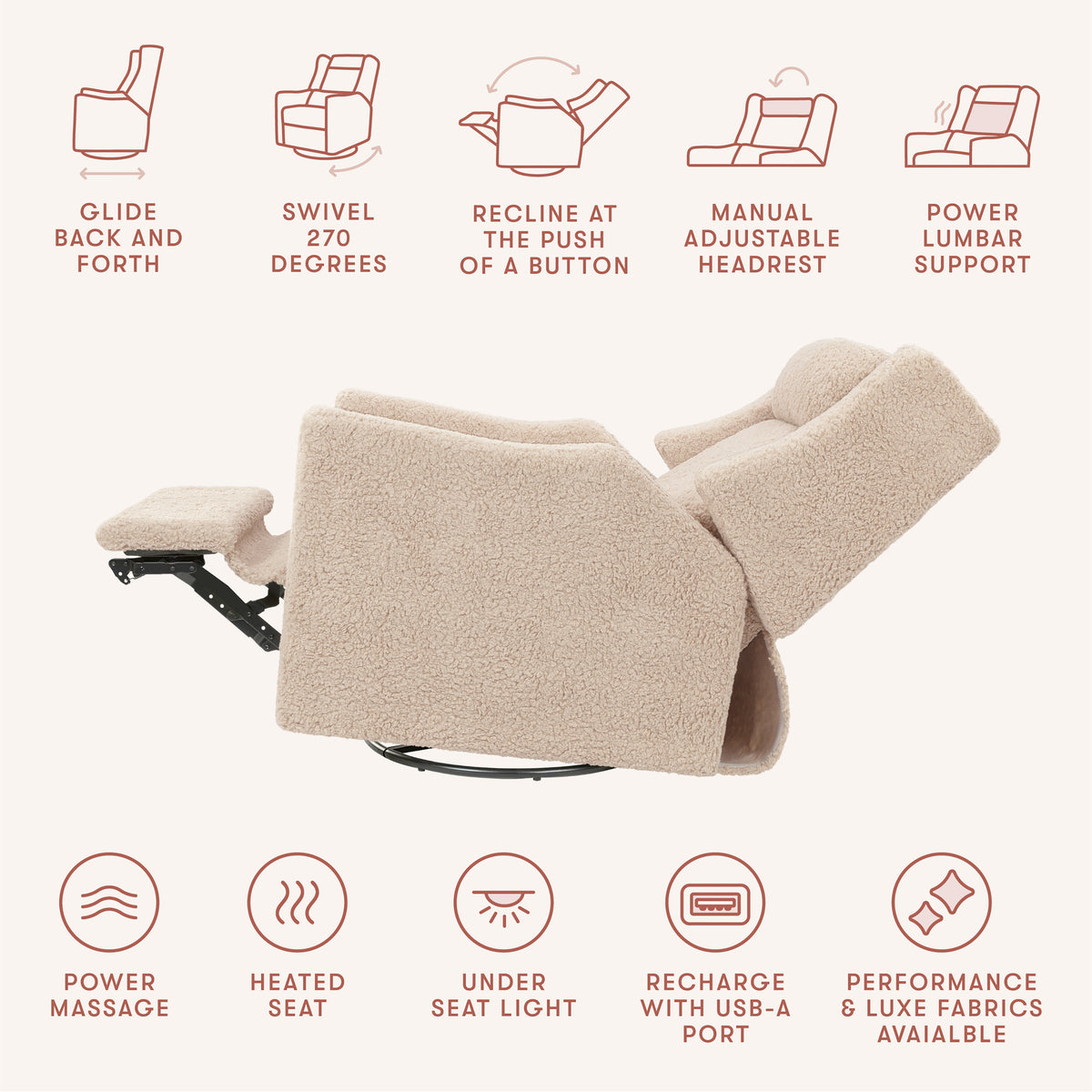 Kiwi Deluxe Power Recliner + Swivel Glider with Heat + Massage