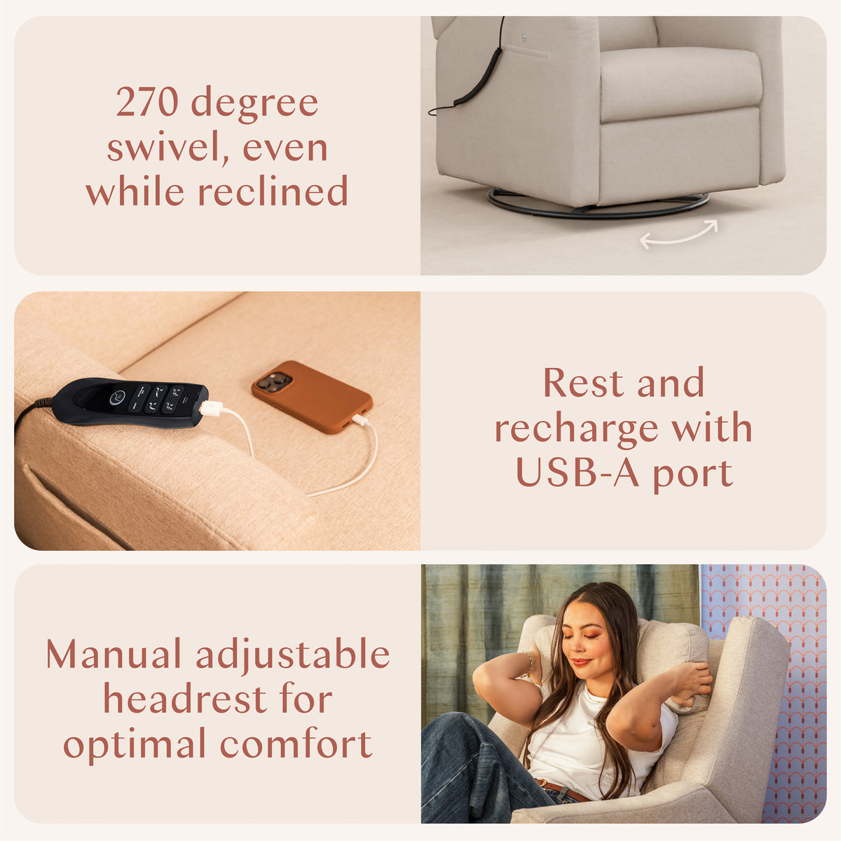 Kiwi Deluxe Power Recliner + Swivel Glider with Heat + Massage