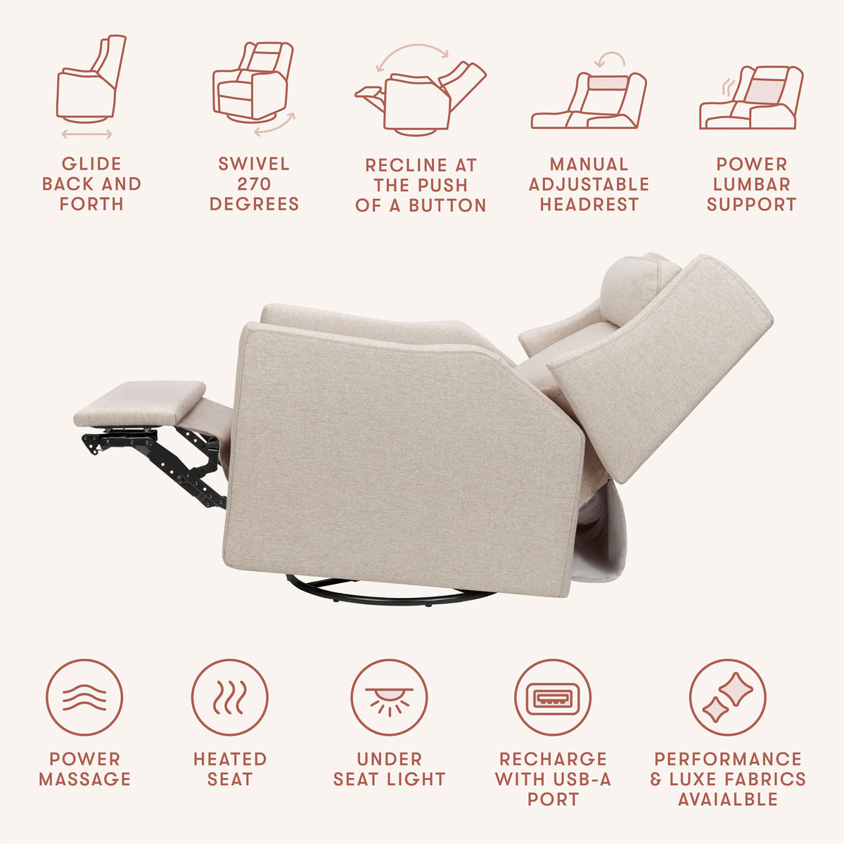 Kiwi Deluxe Power Recliner + Swivel Glider with Heat + Massage