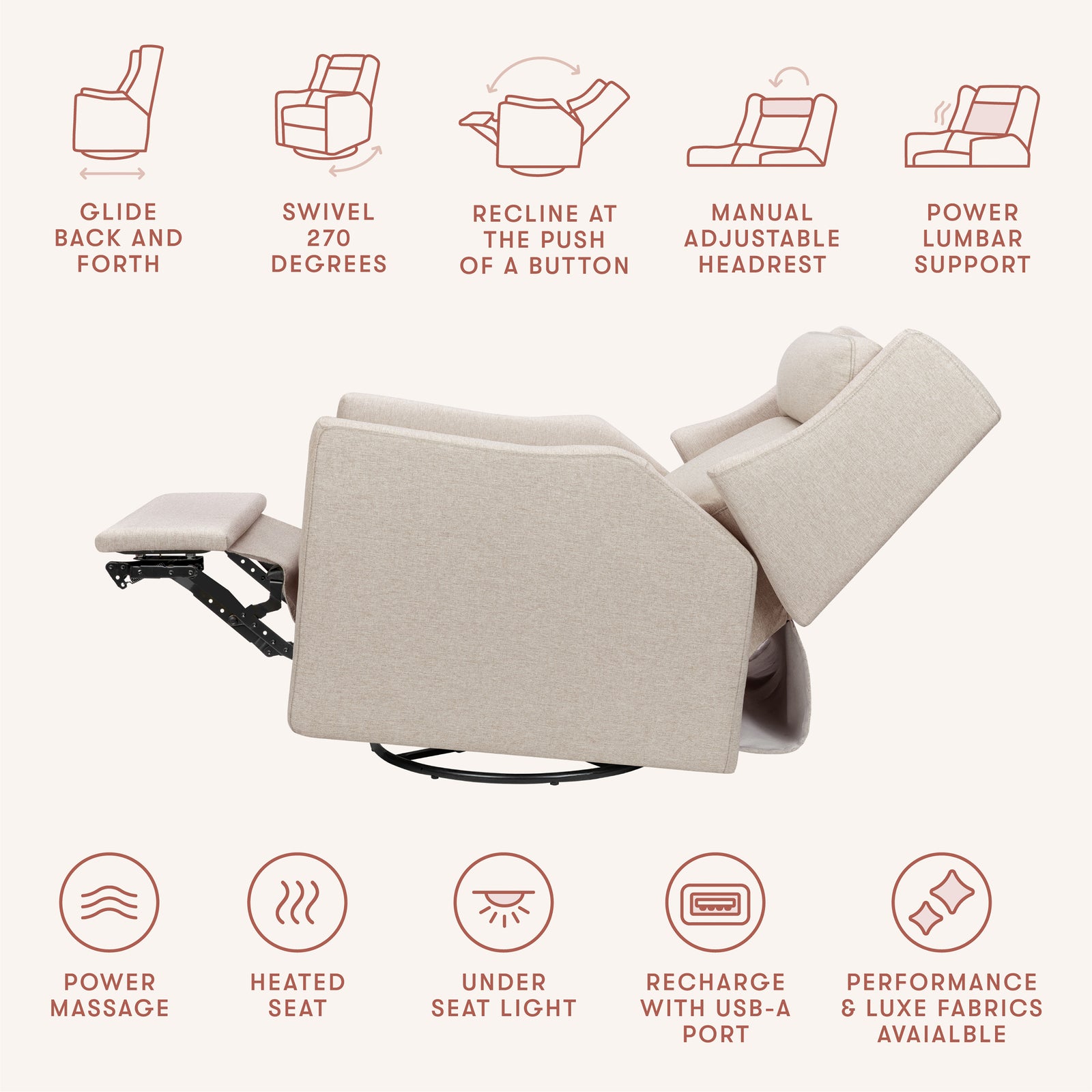 Kiwi Deluxe Power Recliner + Swivel Glider with Heat + Massage