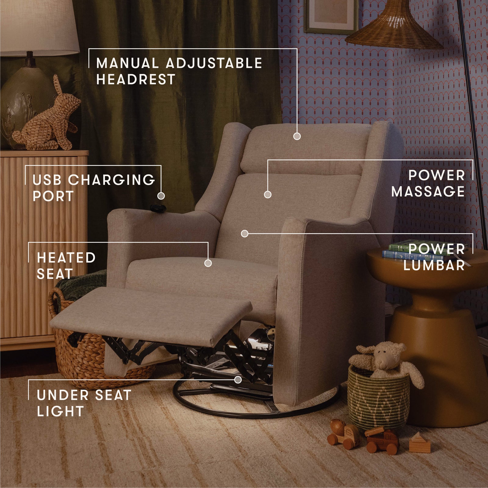 Kiwi Deluxe Power Recliner + Swivel Glider with Heat + Massage