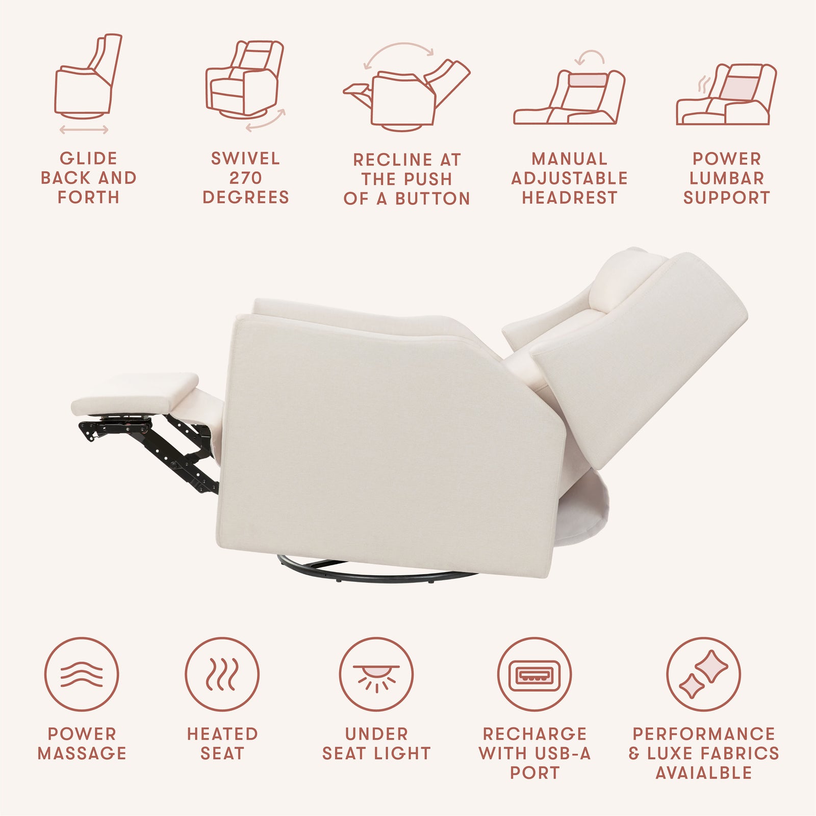 Kiwi Deluxe Power Recliner + Swivel Glider with Heat + Massage