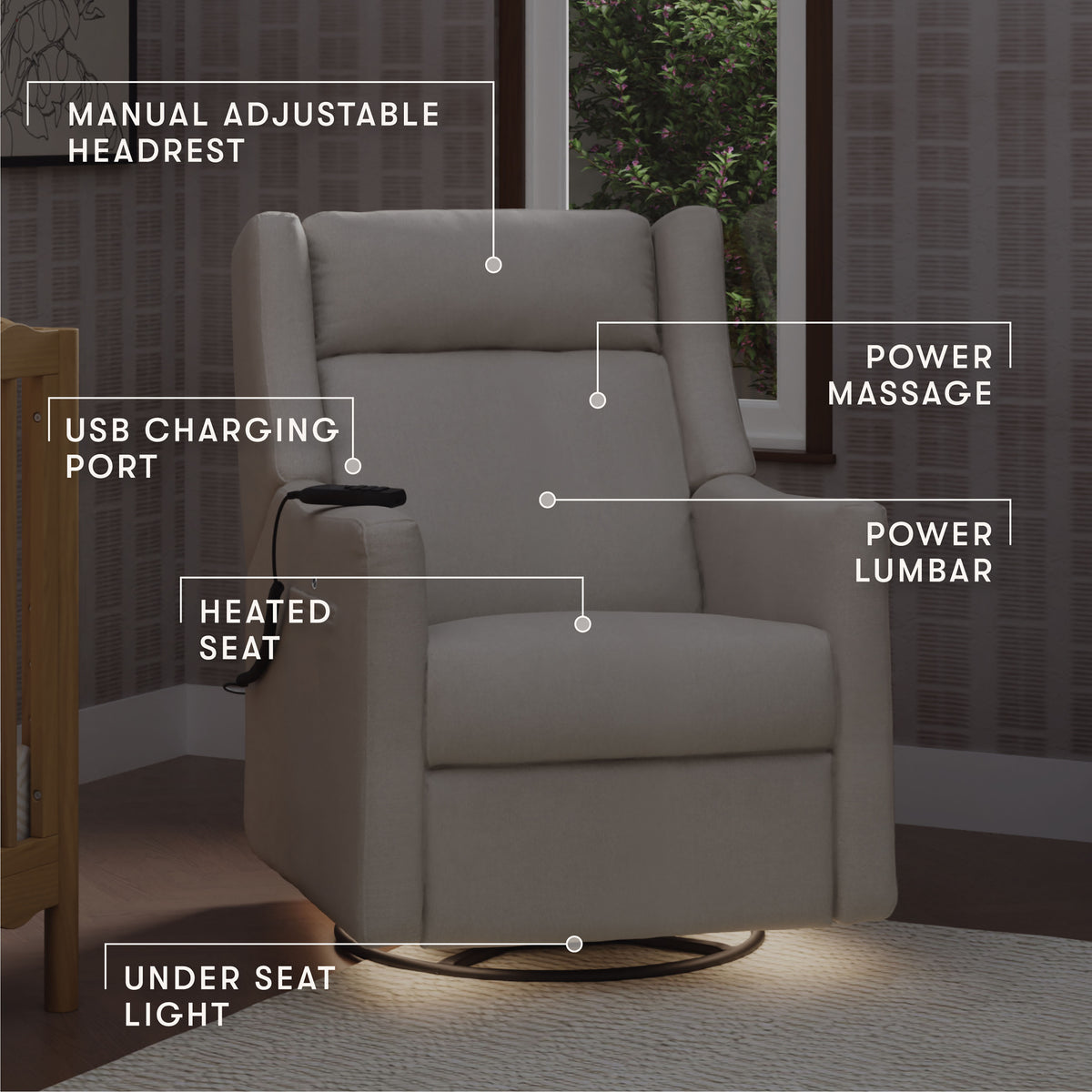 Kiwi Deluxe Power Recliner + Swivel Glider with Heat + Massage