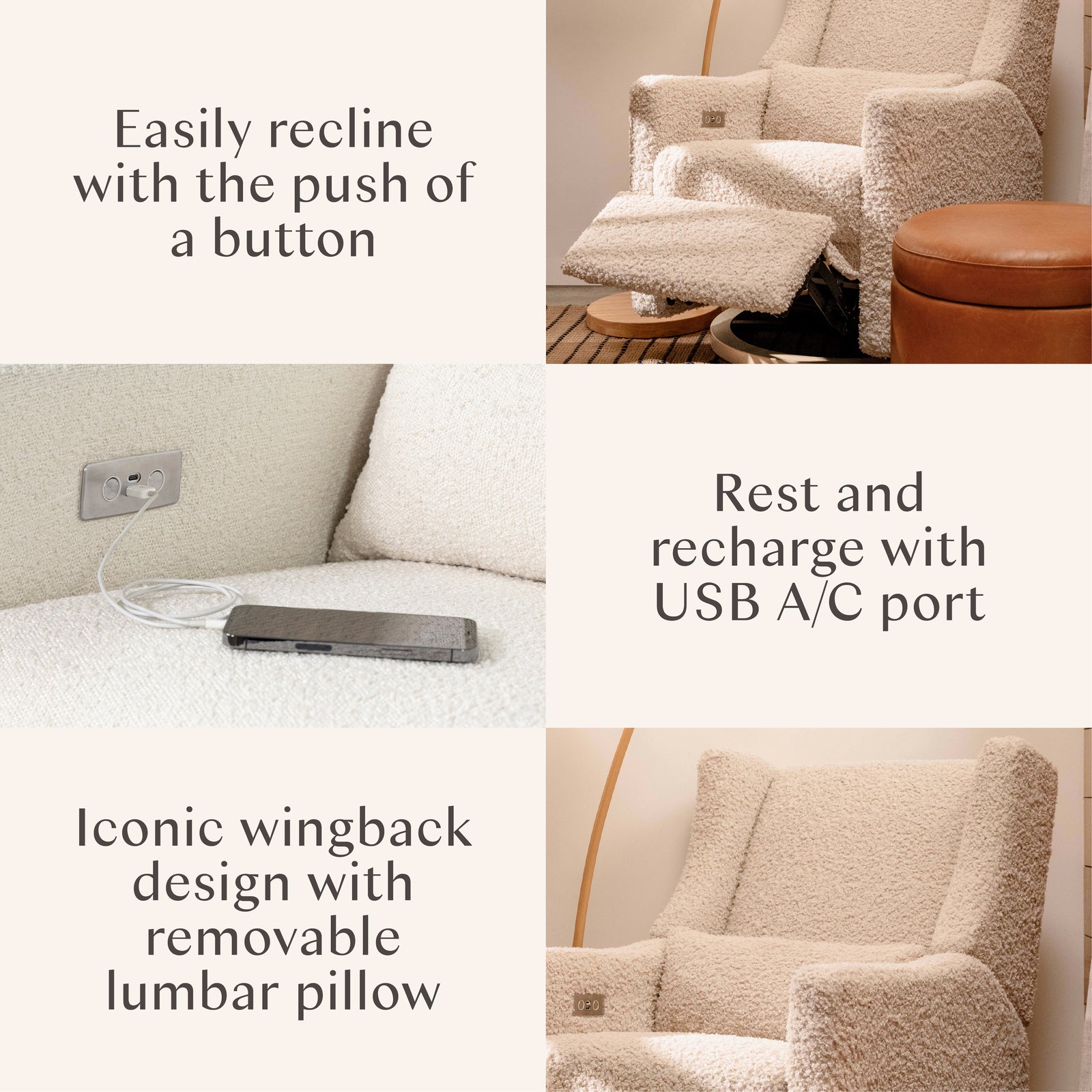 Kiwi Electronic Recliner + Swivel Glider | Teddy Loop w/ Light Wood Base