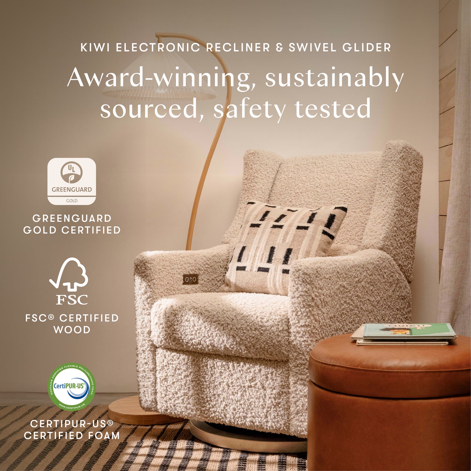 Kiwi Electronic Recliner + Swivel Glider | Teddy Loop w/ Light Wood Base
