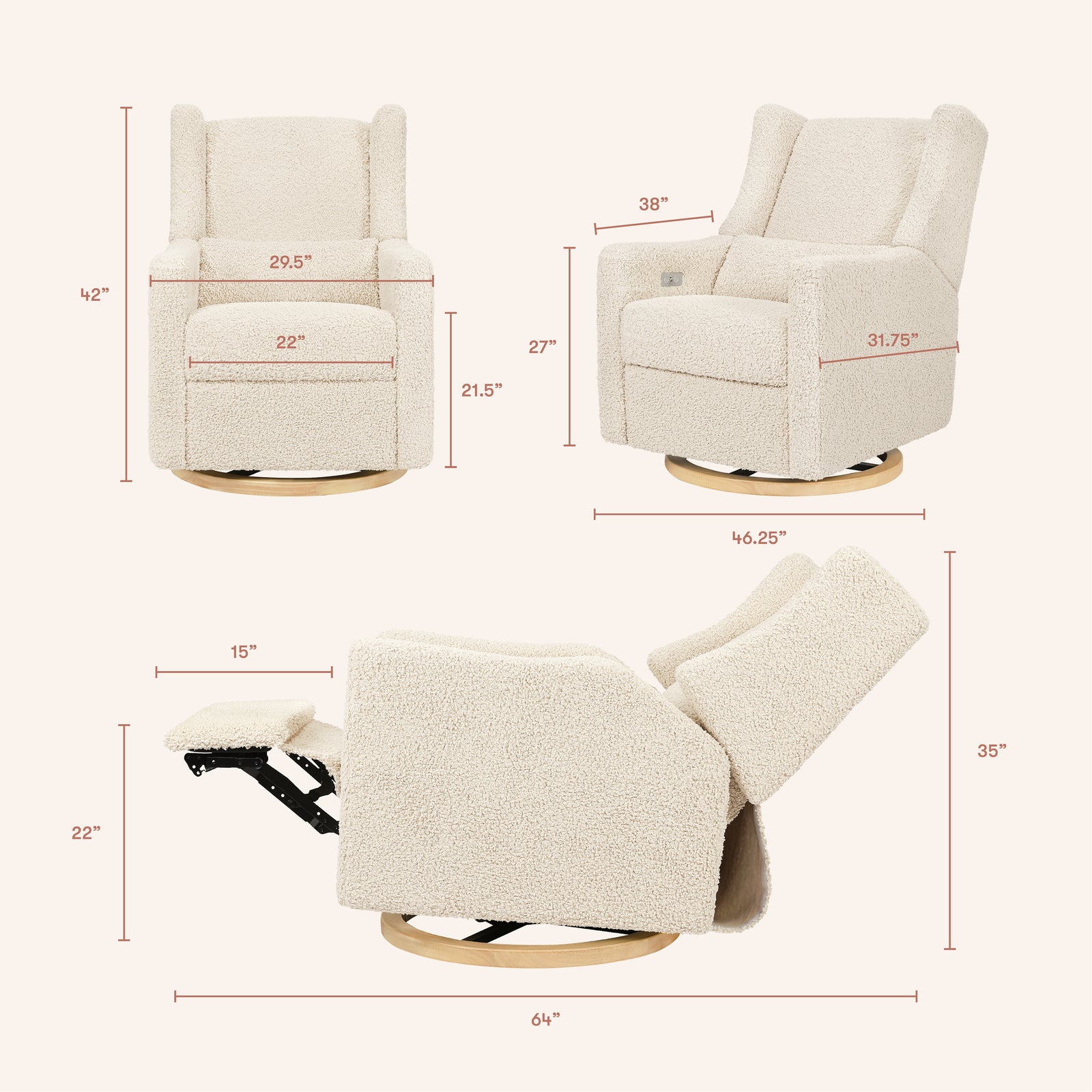 Kiwi Electronic Recliner + Swivel Glider | Teddy Loop w/ Light Wood Base