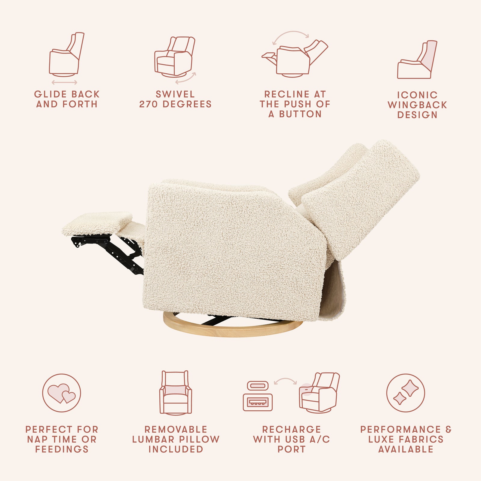 Kiwi Electronic Recliner + Swivel Glider | Teddy Loop w/ Light Wood Base