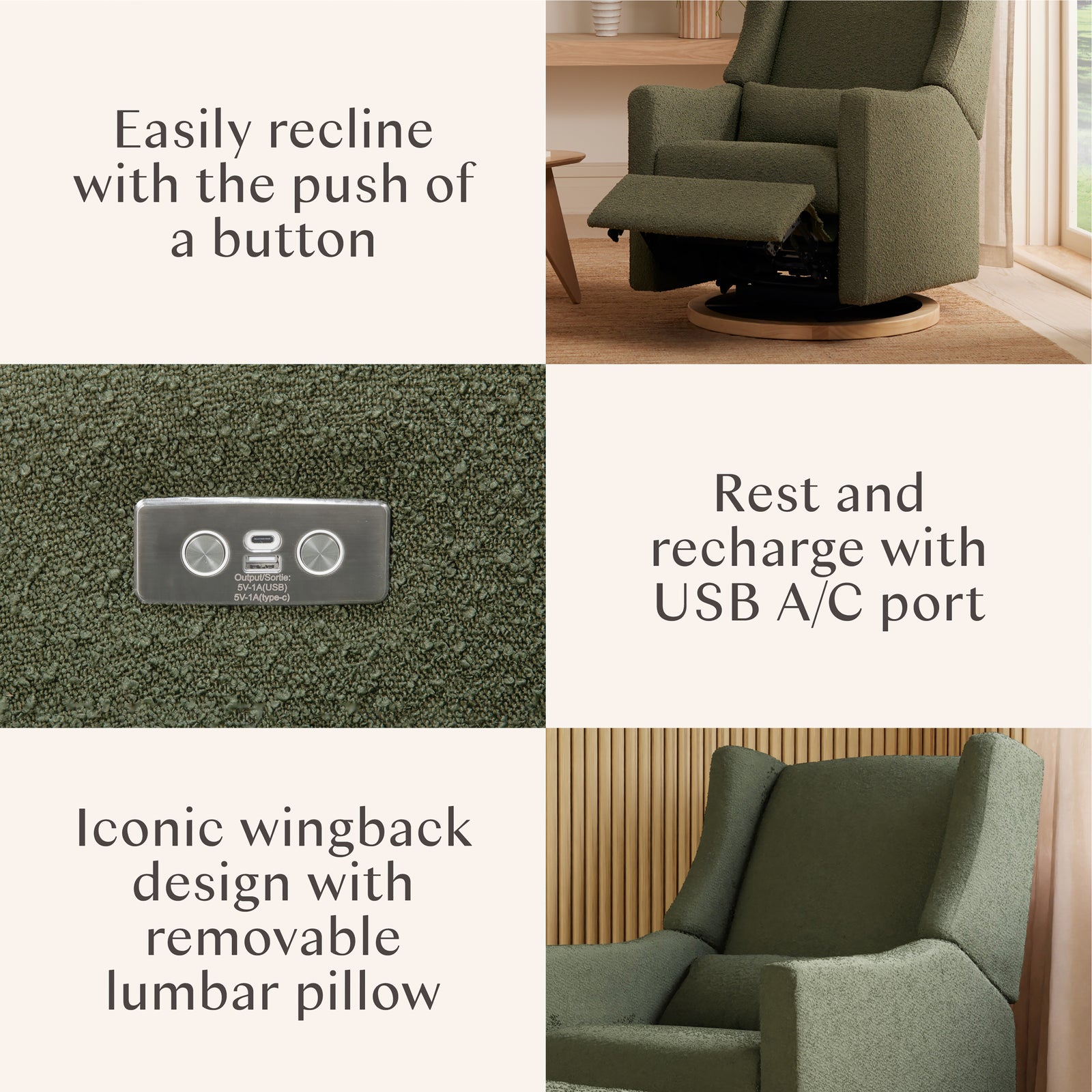 Kiwi Electronic Recliner + Swivel Glider | Olive Boucle w/ Light Wood Base