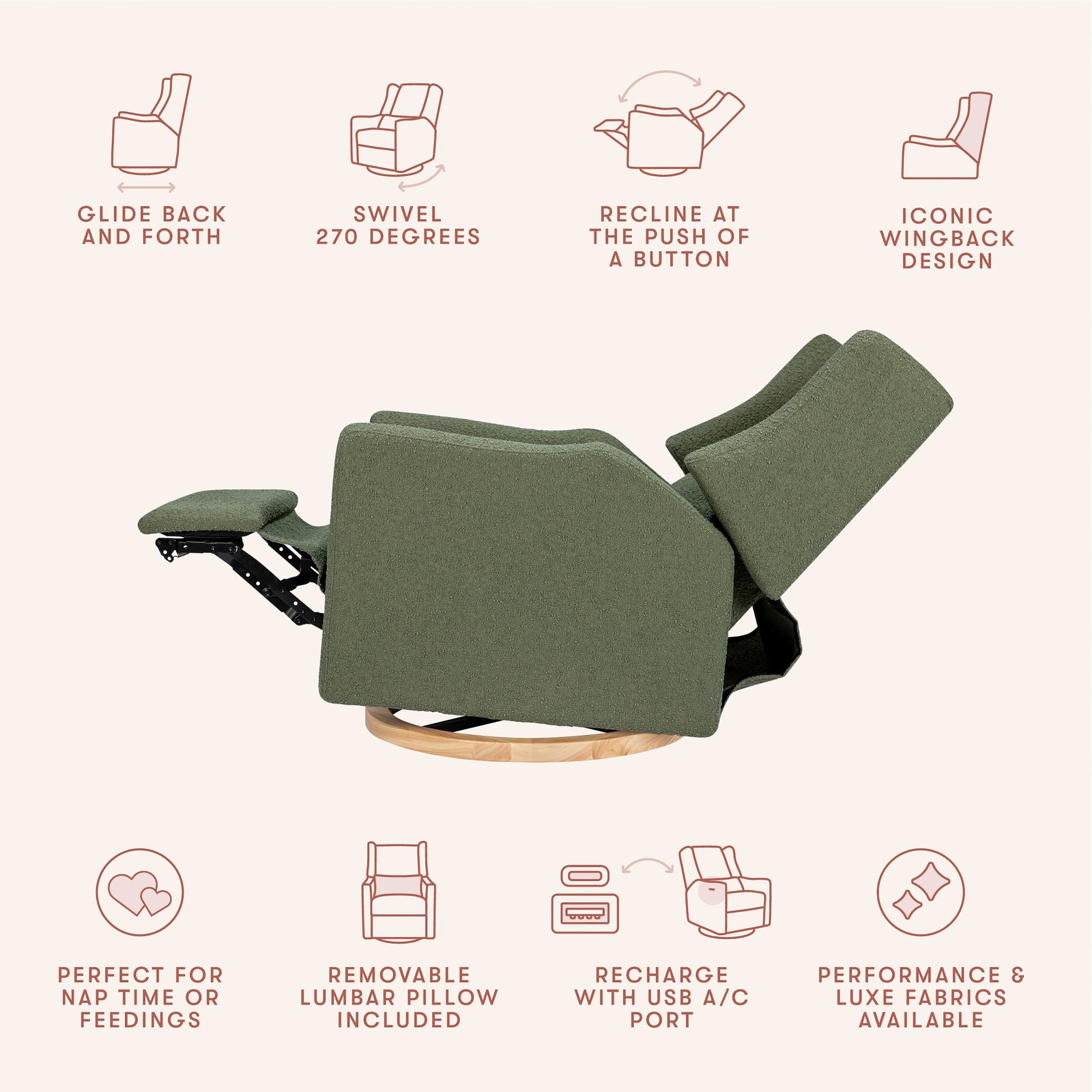 Kiwi Electronic Recliner + Swivel Glider | Olive Boucle w/ Light Wood Base