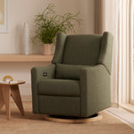Kiwi Electronic Recliner + Swivel Glider in Eco-Performance Fabric with USB Port - Olive Boucle with Light Wood Base