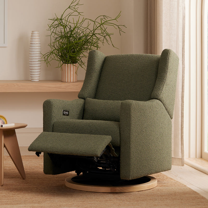 Kiwi Electronic Recliner + Swivel Glider in Eco-Performance Fabric with USB Port - Olive Boucle with Light Wood Base