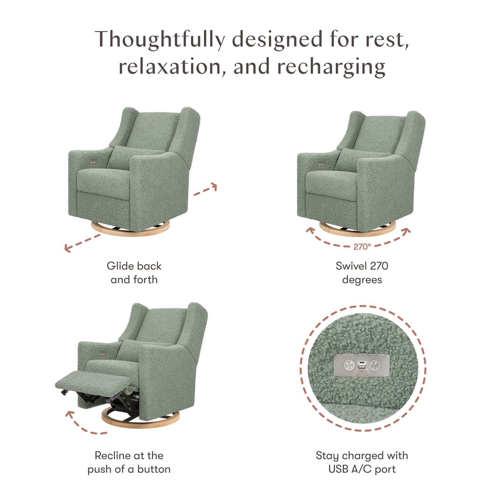 Kiwi Electronic Recliner + Swivel Glider | Teddy Loop w/ Light Wood Base