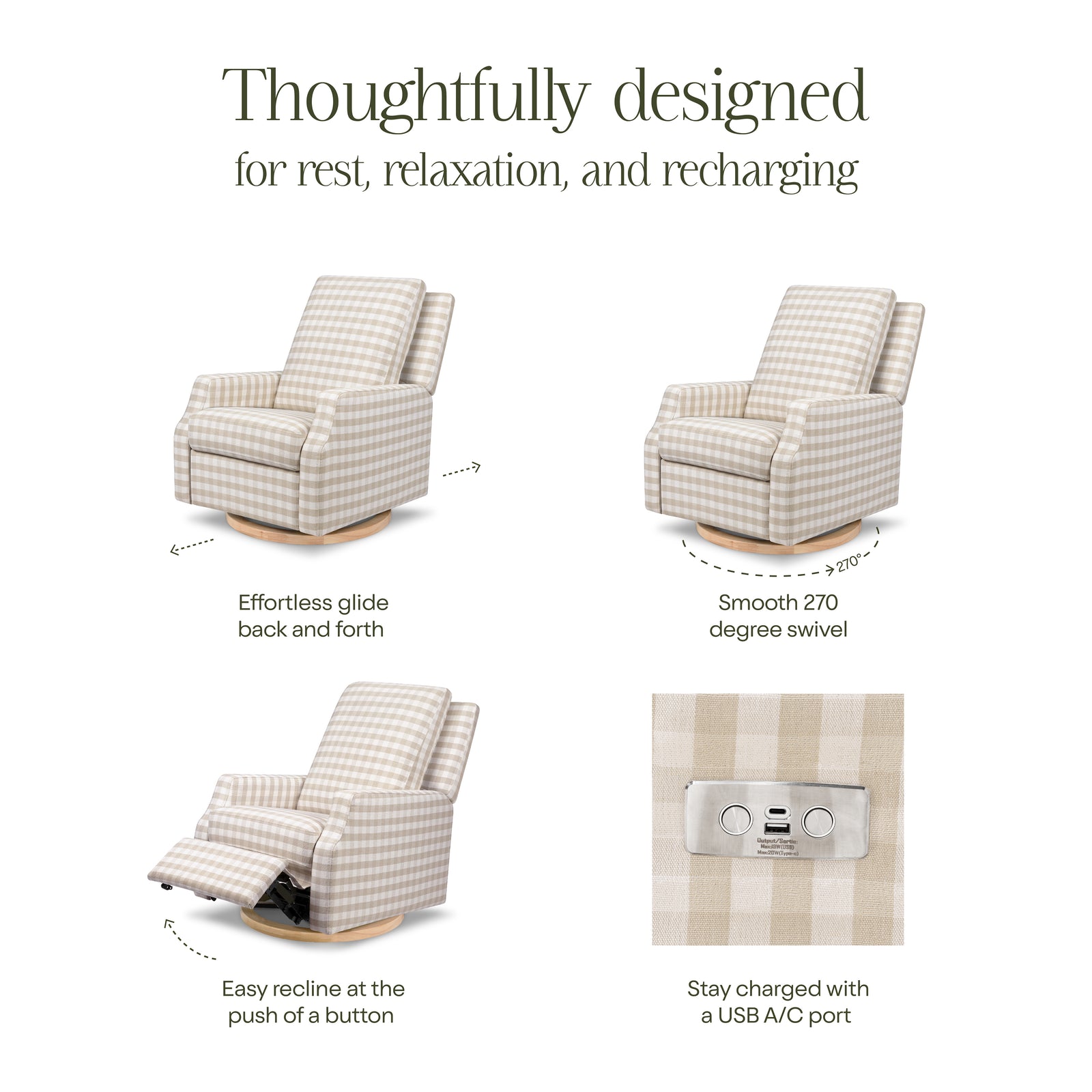 Crewe Electronic Recliner + Swivel Glider | Gingham