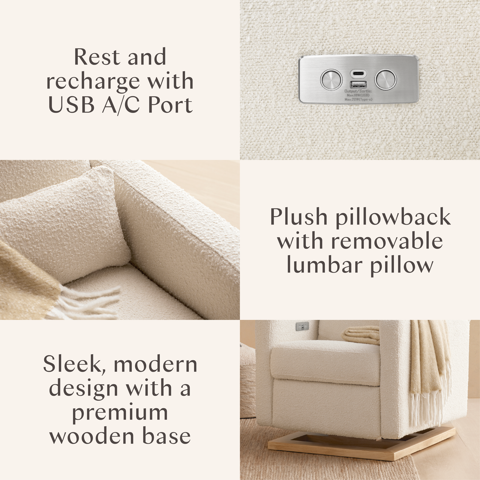 Sigi Electronic Recliner + Glider | Ivory Boucle w/ Wood Base