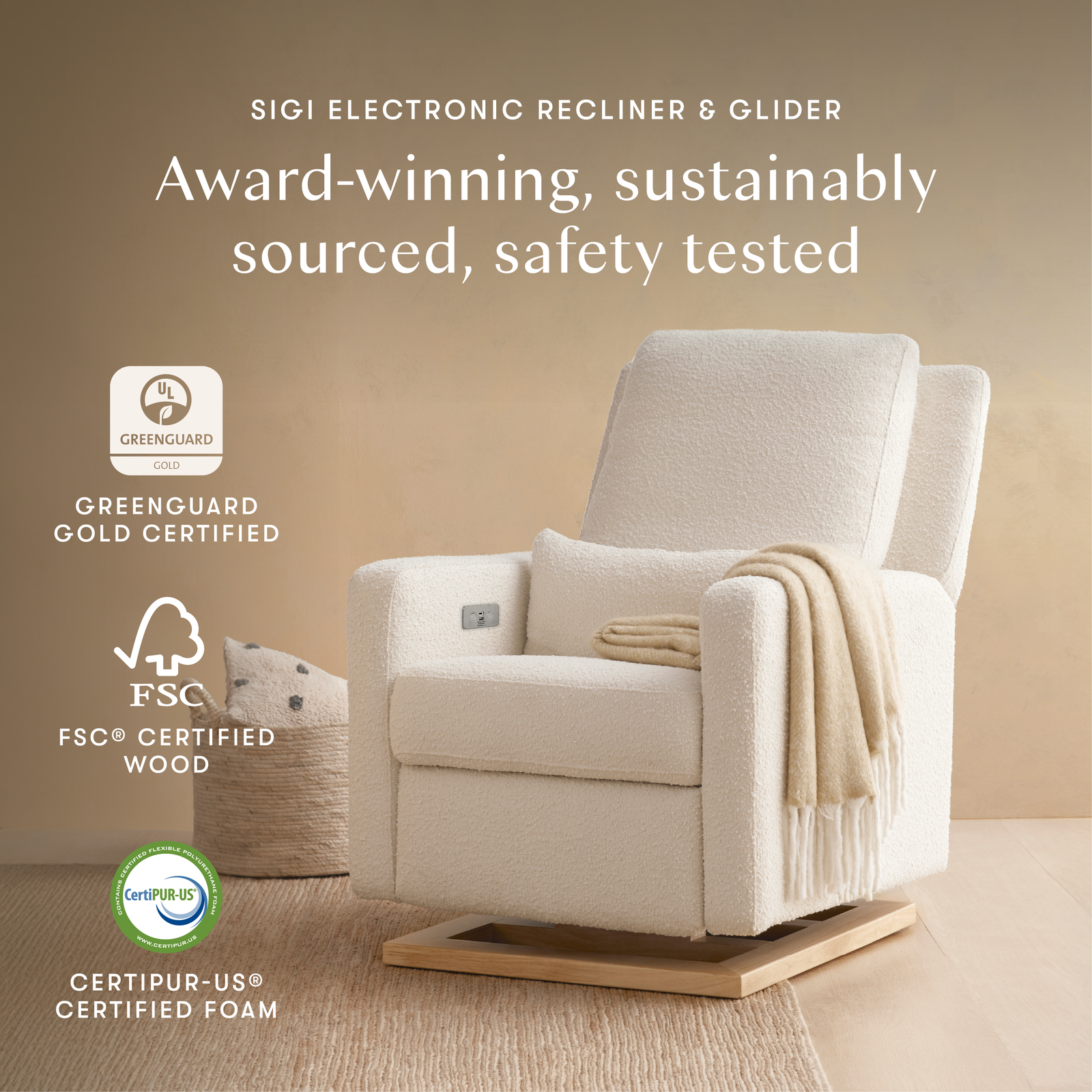 Sigi Electronic Recliner + Glider | Ivory Boucle w/ Wood Base