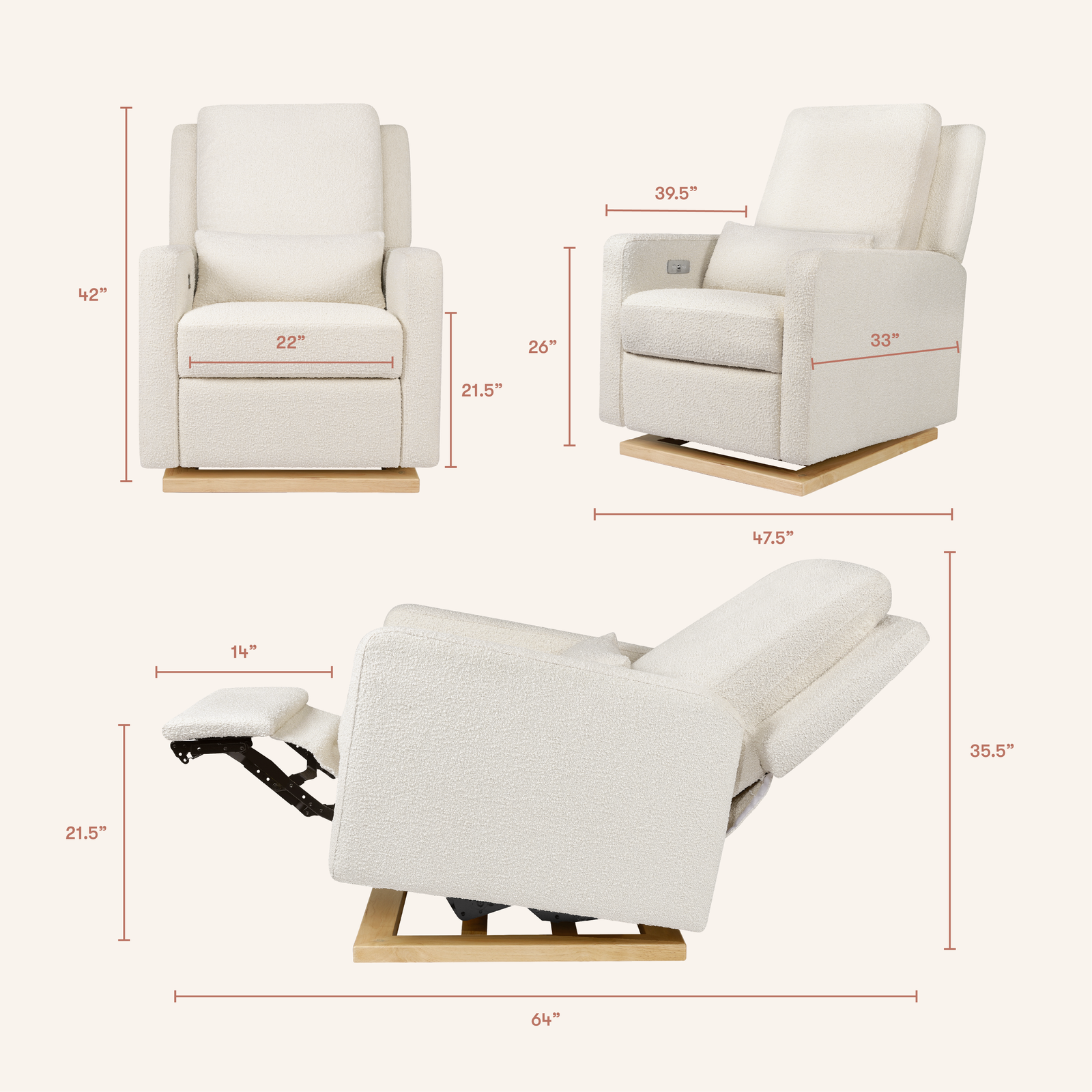 Sigi Electronic Recliner + Glider | Ivory Boucle w/ Wood Base